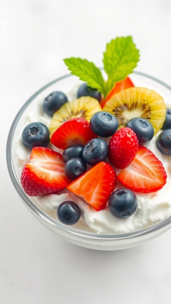 A bowl of Wonder Egg 0 dessert with whipped cream and fresh fruits, garnished with mint.